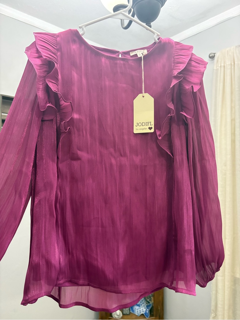 JODIFL Women's Magenta Ruffle Long-Sleeve Blouse